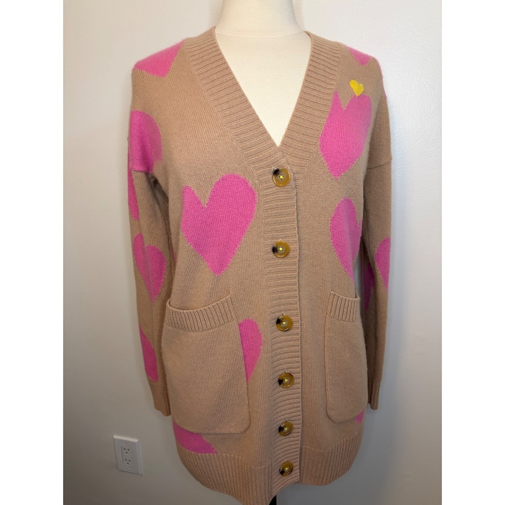 Kerri Rosenthal 100% Cashmere Heart Intarsia Cardigan Sweater Tan Pink XS Chic